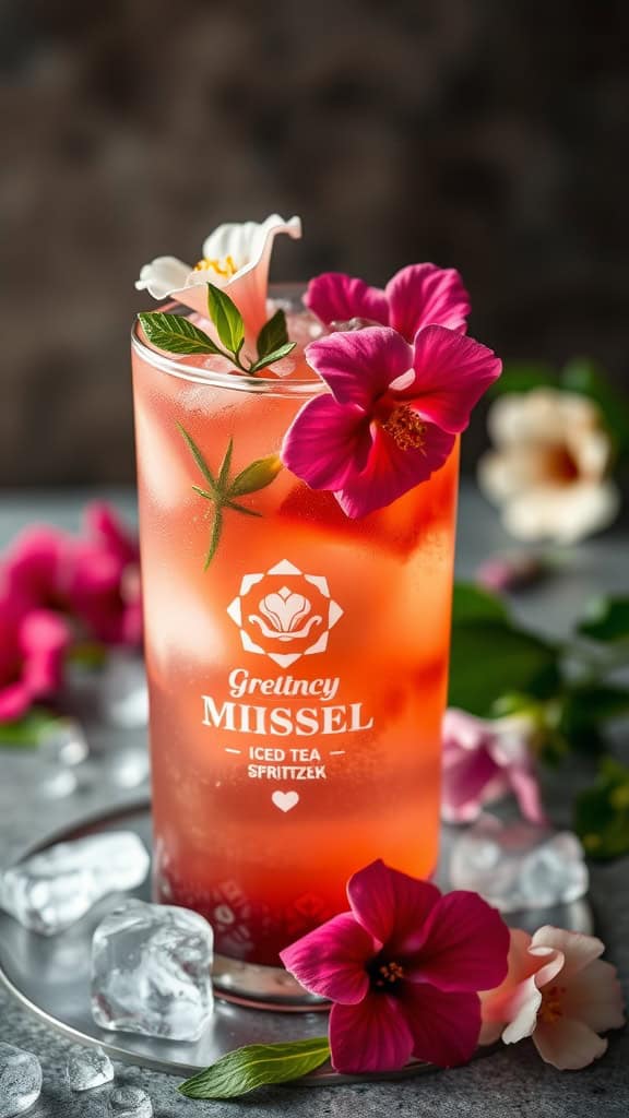 A refreshing Hibiscus Iced Tea Spritzer garnished with flowers and mint leaves.