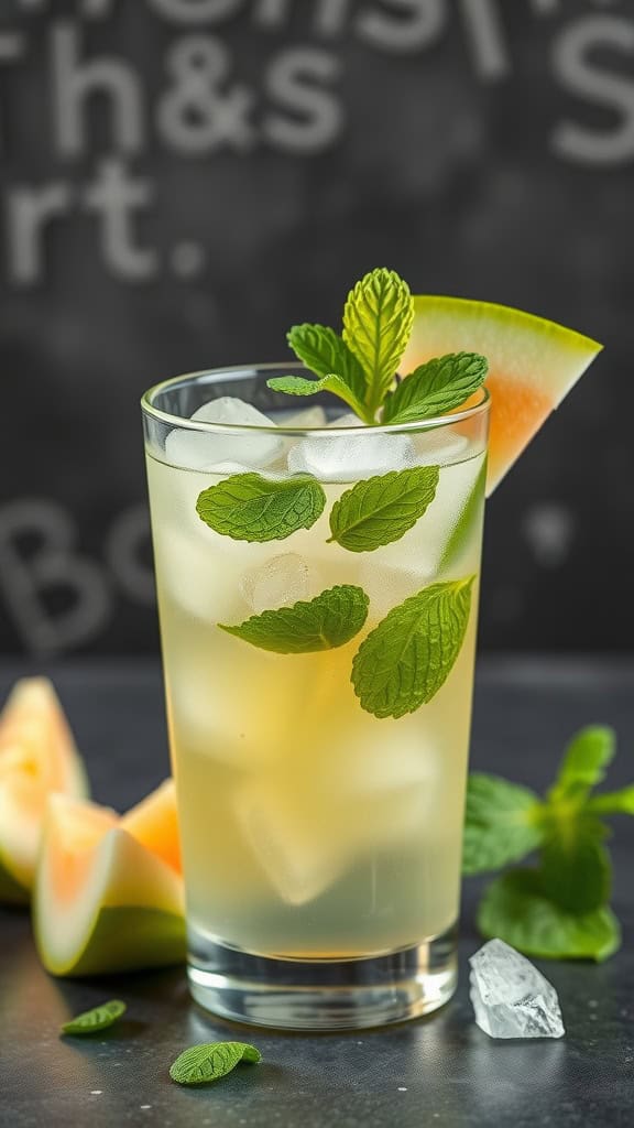 A refreshing honeydew melon spritz mocktail garnished with mint leaves