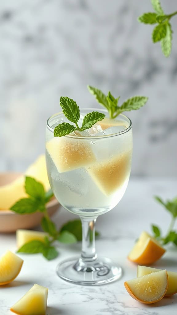 A glass of Honeydew Mint Breeze mocktail with honeydew chunks and mint leaves