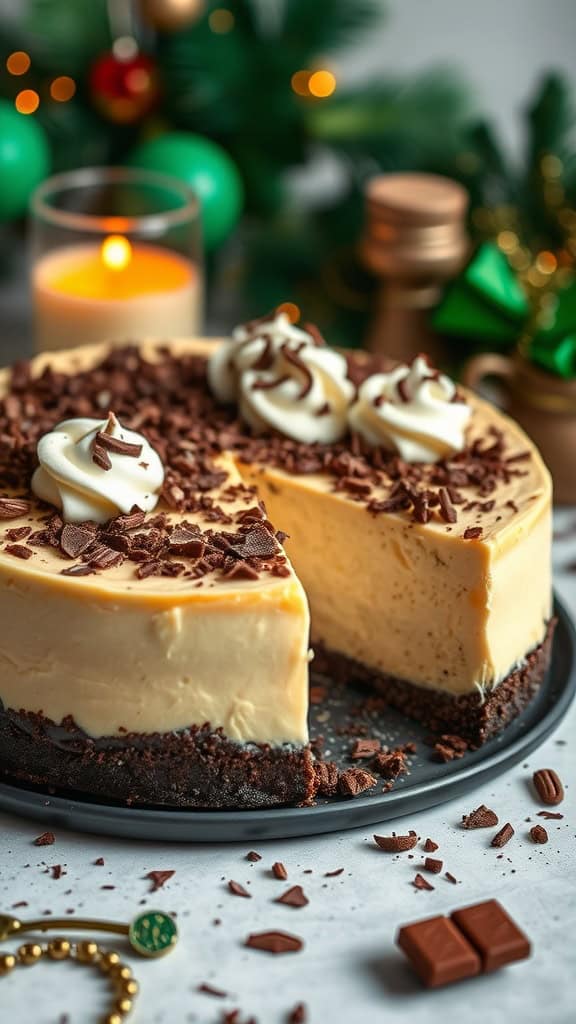 A delicious Irish cream cheesecake with a chocolate crust, topped with chocolate shavings and whipped cream.