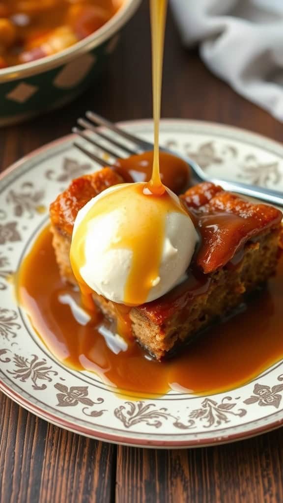 A slice of Irish sticky toffee pudding topped with vanilla ice cream and drizzled with toffee sauce