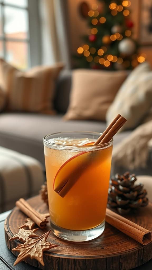 A refreshing spiced apple cider fizz mocktail with apple slices and a cinnamon stick garnish.