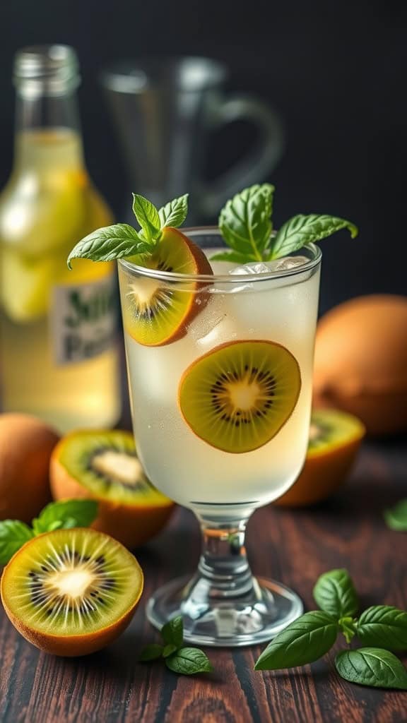 A refreshing Kiwi Basil mocktail garnished with basil leaves and kiwi slices.