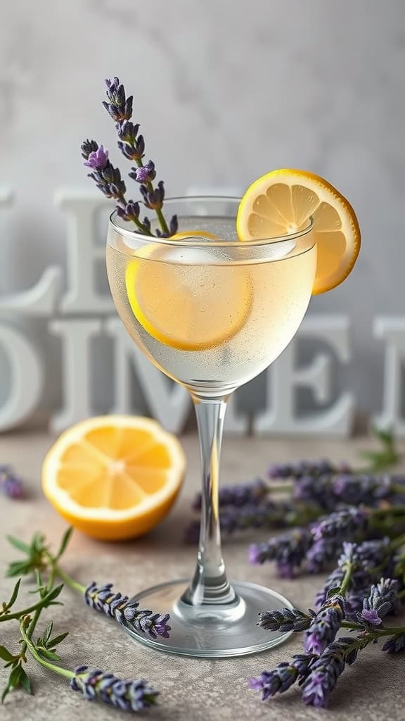 A refreshing Lavender Lemon Spritzer garnished with lemon slices and lavender sprigs.