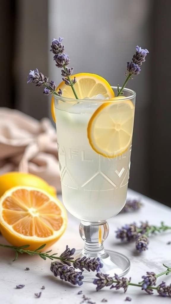 A glass of lavender lemonade garnished with lemon slices and fresh lavender flowers.