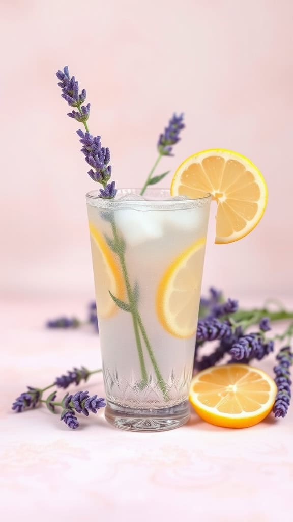 A glass of lavender lemonade garnished with lemon slices and lavender sprigs, set against a soft pink background.