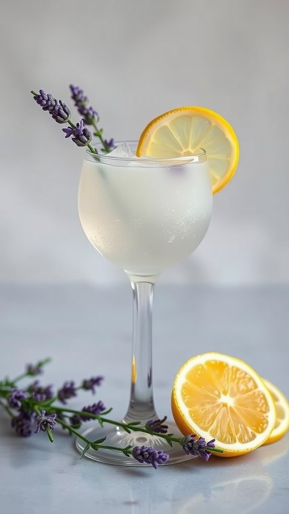 A refreshing glass of lavender lemonade fizz with lemon slices and lavender sprigs