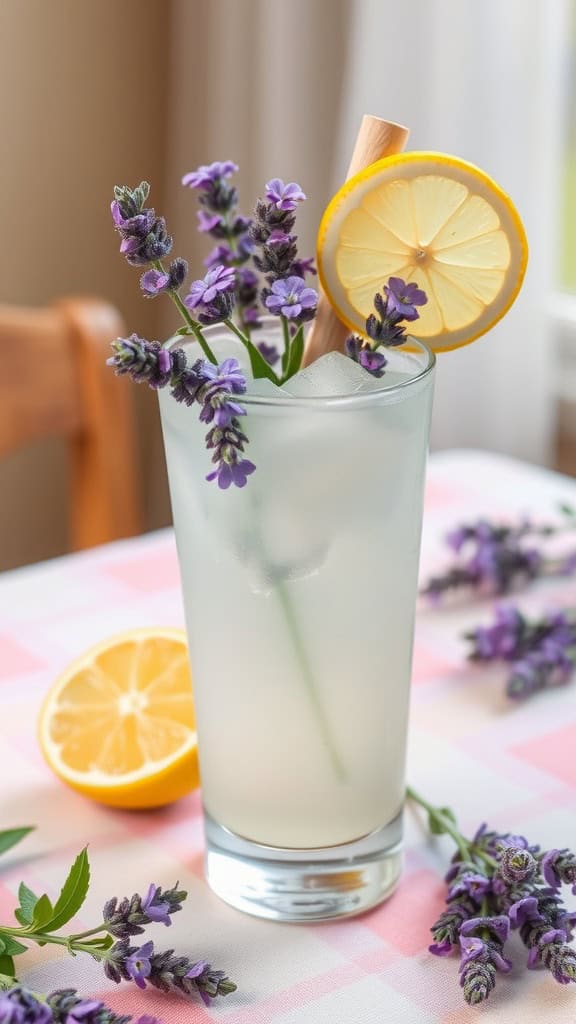A refreshing glass of lavender lemonade garnished with lemon slices and lavender sprigs.