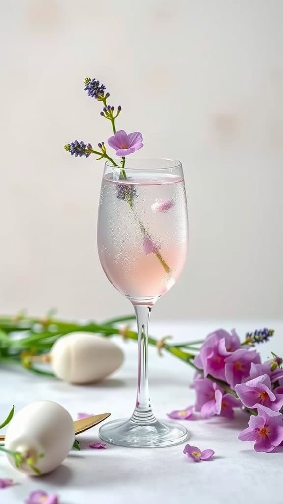 A refreshing lavender rose water sparkler drink garnished with lavender sprigs.