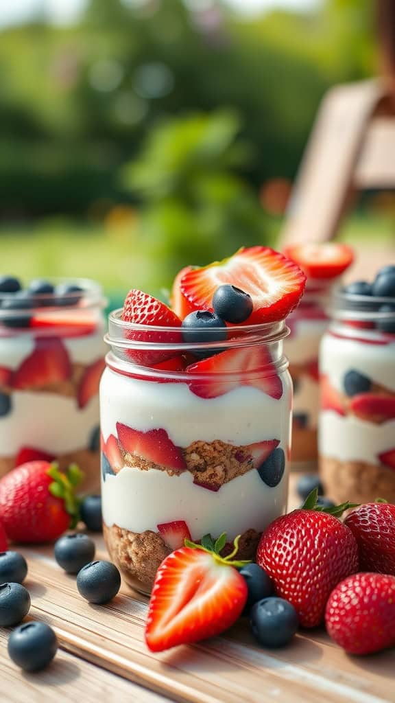 Layered berry cheesecake jars featuring creamy layers, fresh strawberries, and blueberries.