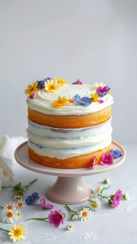 A beautiful lemon elderflower cake decorated with colorful flowers.