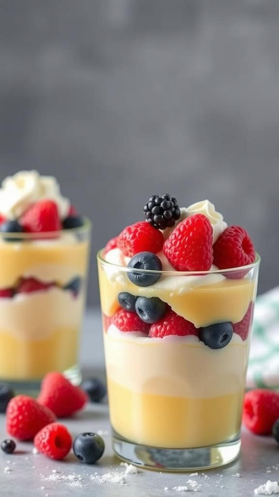 Lemon pudding parfaits layered with fresh berries in clear glasses.