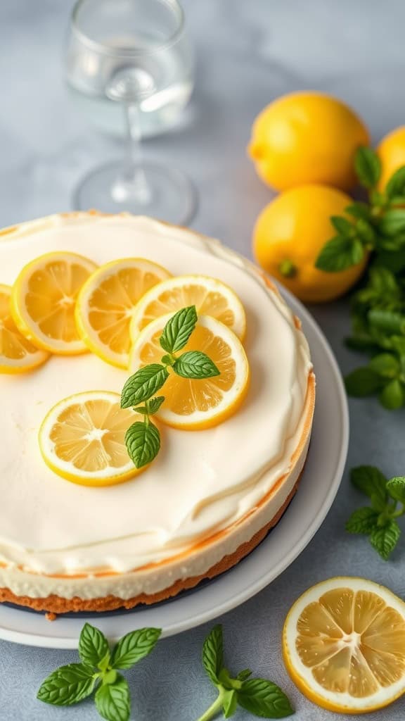 A delicious Lemon Zest No Bake Cheesecake topped with lemon slices and mint leaves.