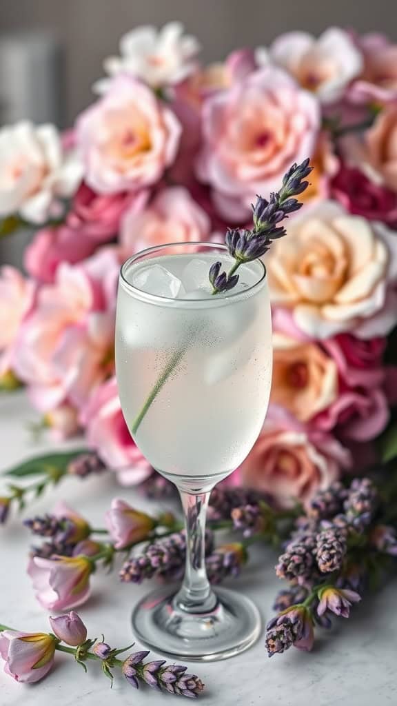 A refreshing lavender lemon spritz mocktail garnished with a lavender sprig, surrounded by flowers.