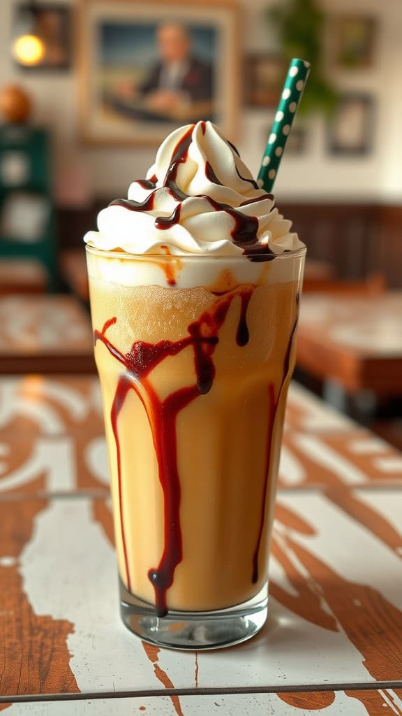 A refreshing iced coffee with whipped cream and chocolate syrup.