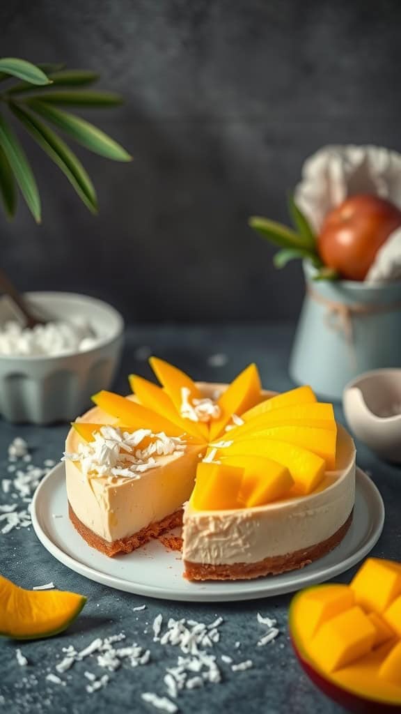 A slice of mango coconut no bake cheesecake topped with mango slices and shredded coconut on a plate.