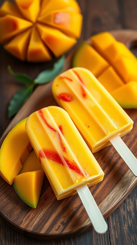 Two mangonada popsicles on a wooden board with mango slices in the background.