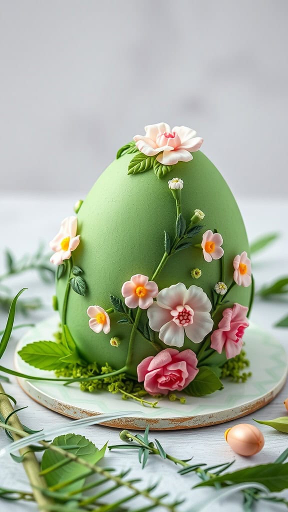 A beautifully decorated matcha cake shaped like an Easter egg, adorned with delicate pink and white flowers and green leaves.