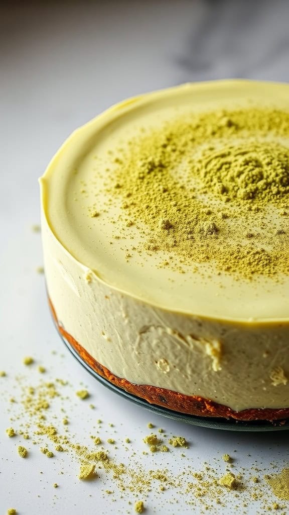 A creamy matcha green tea no bake cheesecake with a smooth surface and a graham cracker crust.