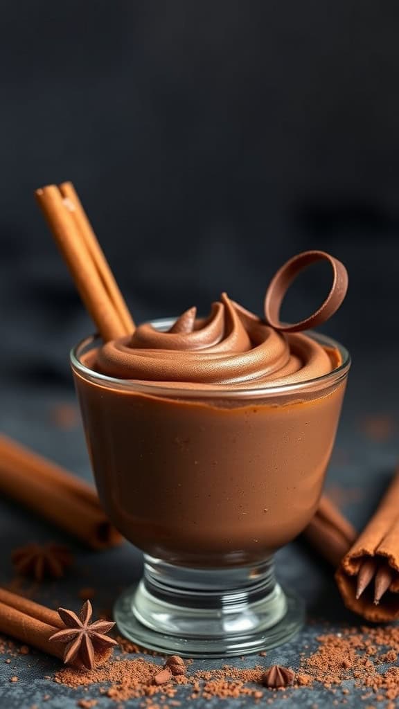 A glass of smooth Mexican chocolate mousse topped with chocolate curls and cinnamon sticks.