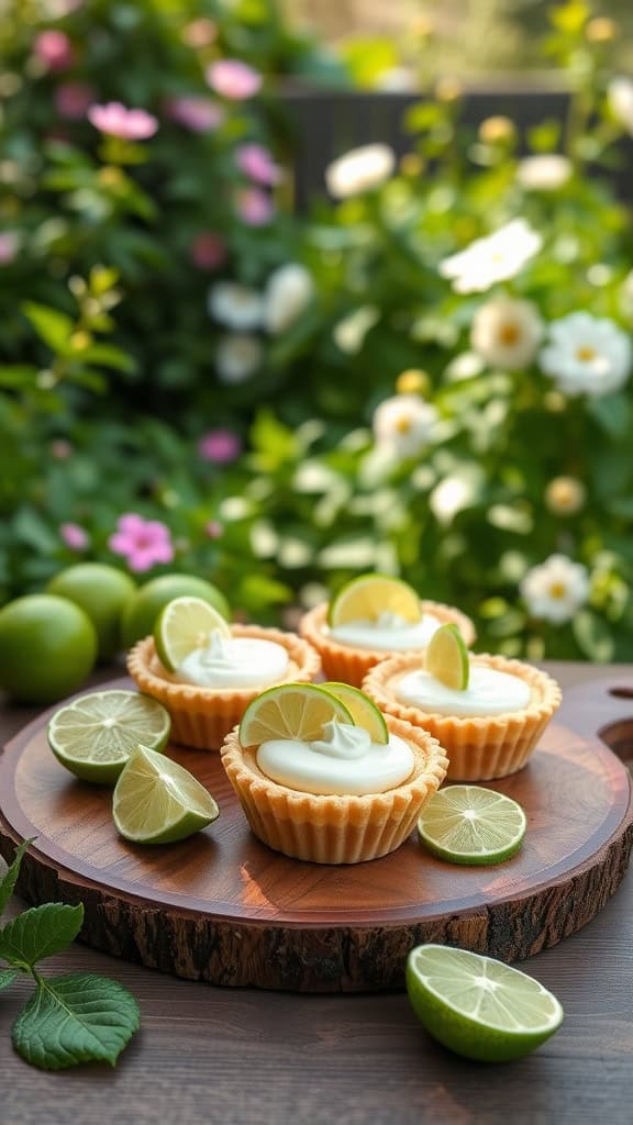 Mini key lime pies with graham cracker crusts, garnished with lime slices