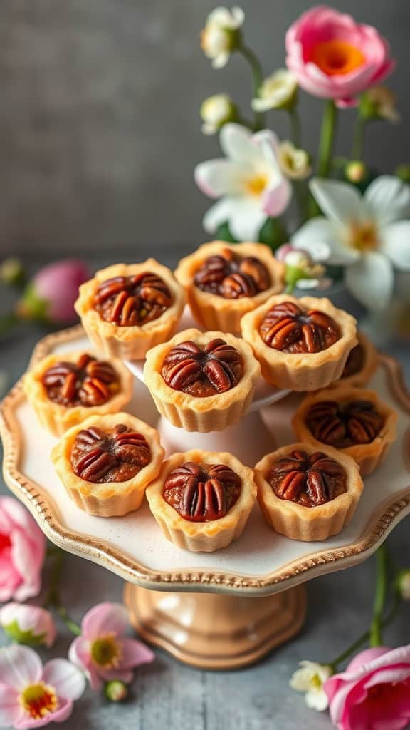 Mini Pecan Pie Bites on a cake stand