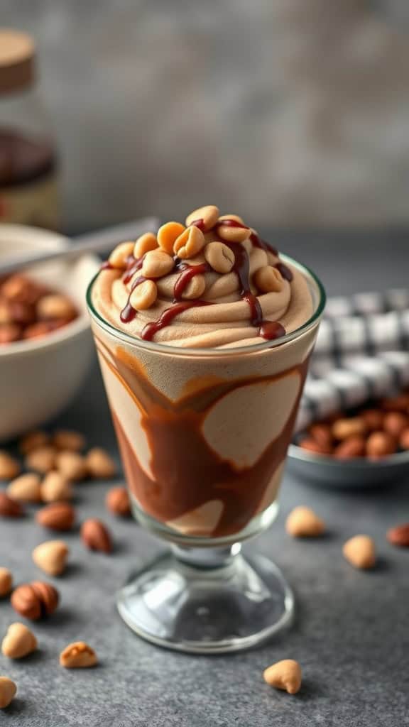 A delicious Nutella swirl mousse topped with nuts and chocolate drizzle in a glass