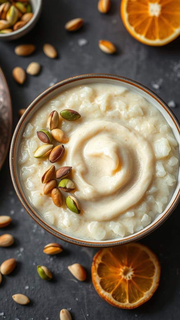 A bowl of creamy rice pudding topped with nuts and a side of orange slices.