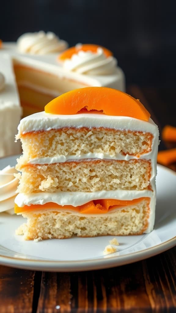 A slice of papaya and coconut tres leches cake with creamy frosting and a slice of papaya on top