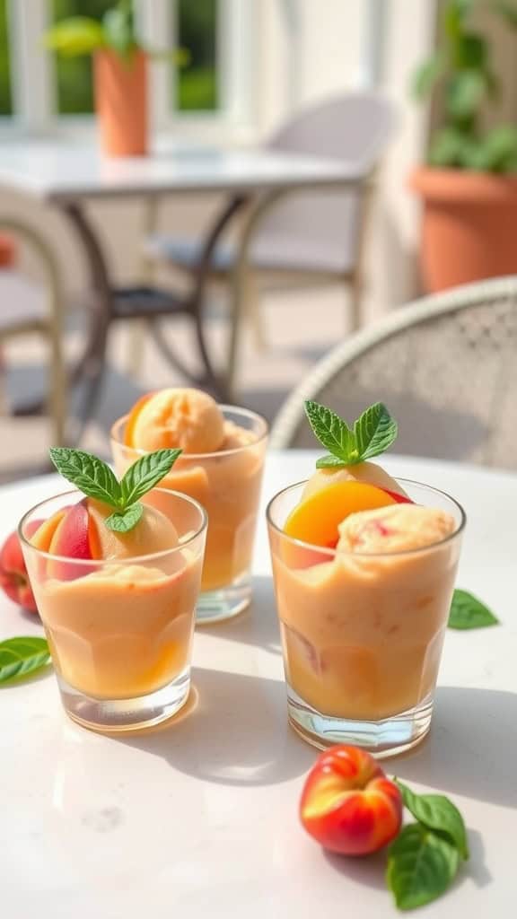 Peach Basil Sorbet Cups in clear glasses topped with mint leaves.