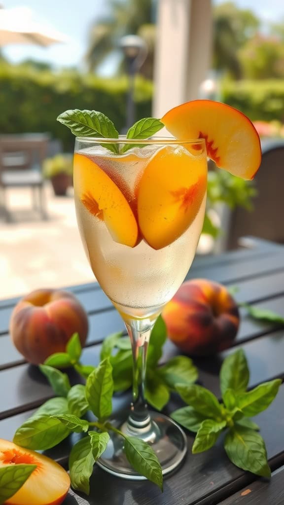 A refreshing Peach Basil Spritz mocktail with peach slices and basil leaves in a glass.