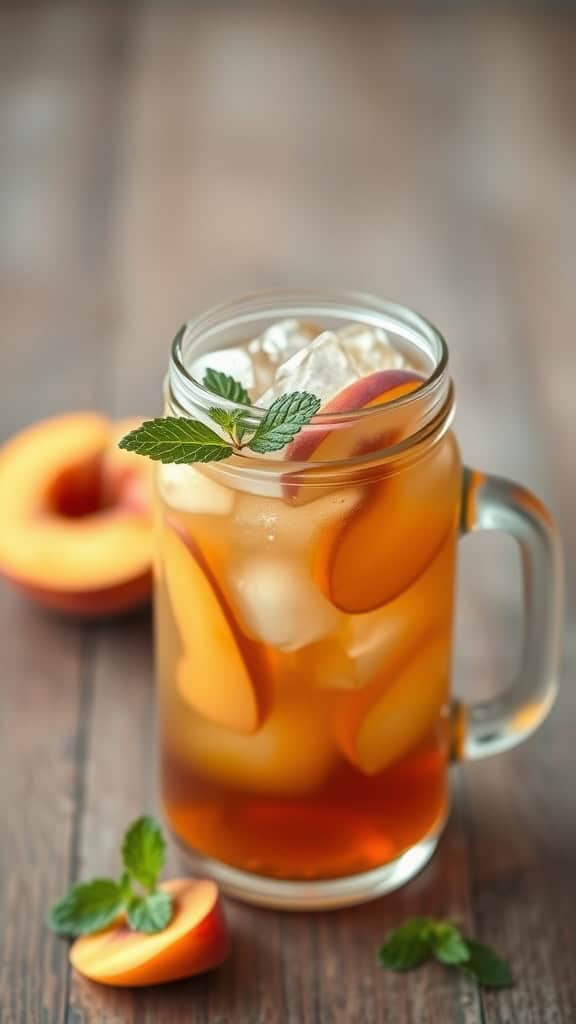 A glass of peach iced tea with sliced peaches and mint leaves on a wooden table.