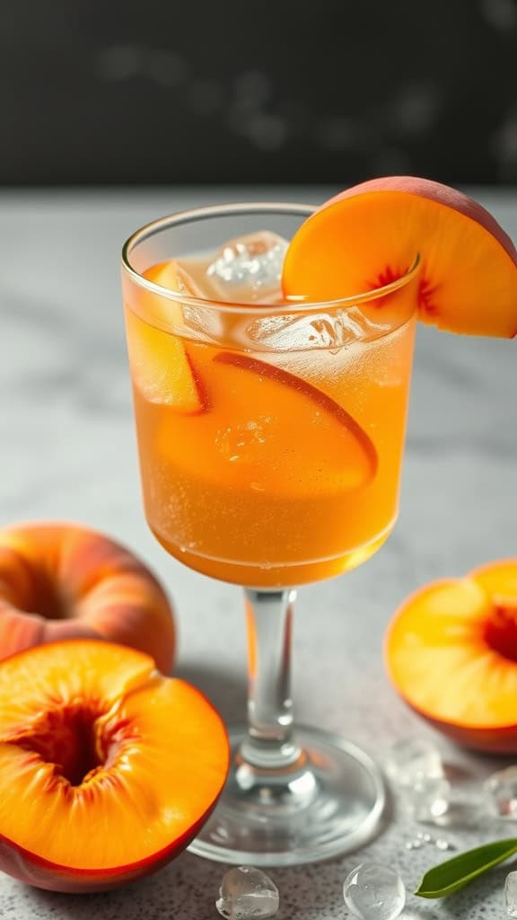 A refreshing Peach Iced Tea Fizz mocktail garnished with a peach slice, surrounded by fresh peaches and ice.
