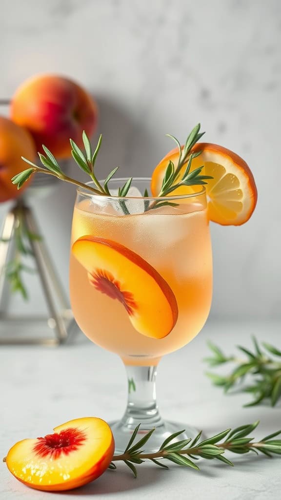 A refreshing glass of peach lemonade garnished with lemon and rosemary, surrounded by fresh peaches.