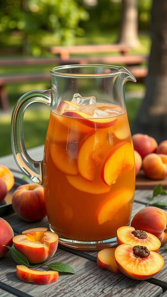 A refreshing pitcher of peachy apricot iced tea served with fresh peach slices.
