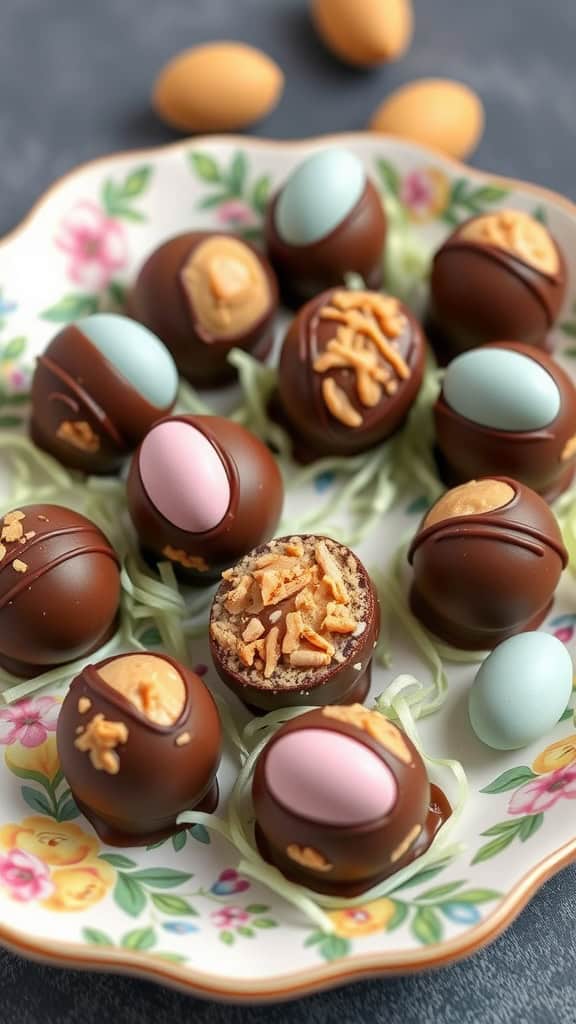 A plate of peanut butter chocolate egg truffles with pastel-colored eggs surrounding them.