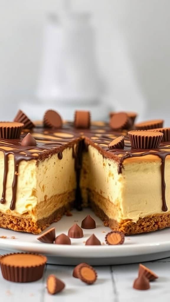 Peanut Butter Cup No Bake Cheesecake with chocolate drizzle and mini peanut butter cups