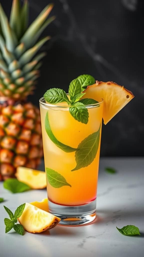 A refreshing Pineapple Basil Bliss mocktail garnished with fresh basil and pineapple.