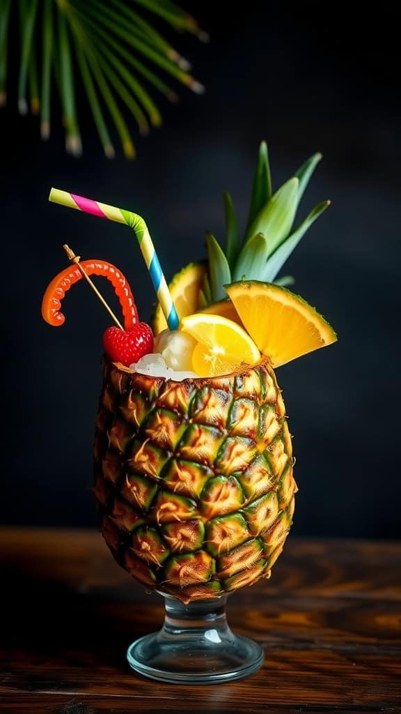 A vibrant Pineapple Coconut Cooler mocktail served in a pineapple cup with colorful decorations.