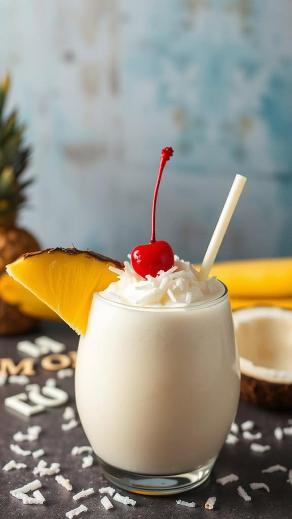 A glass of Pineapple Coconut Delight mocktail garnished with a pineapple slice, cherry, and shredded coconut.