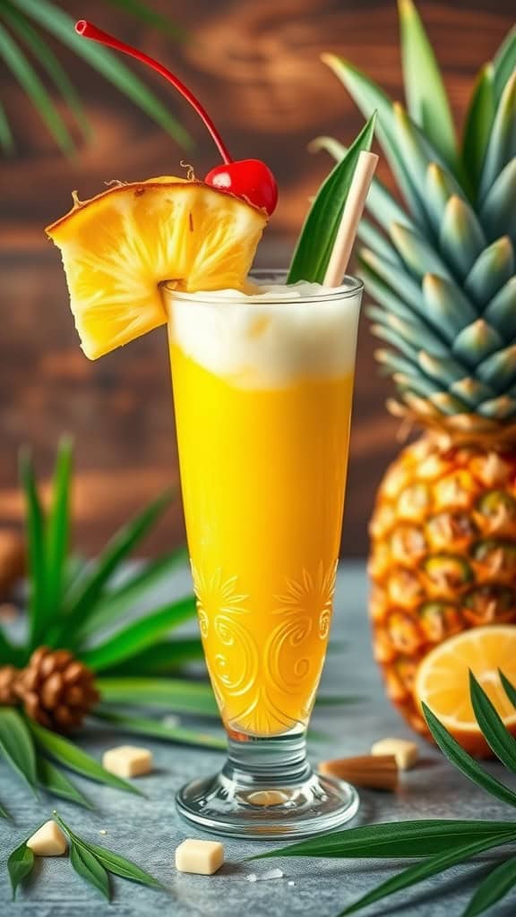 A vibrant pineapple coconut mocktail garnished with a cherry and pineapple slice, surrounded by tropical greens.