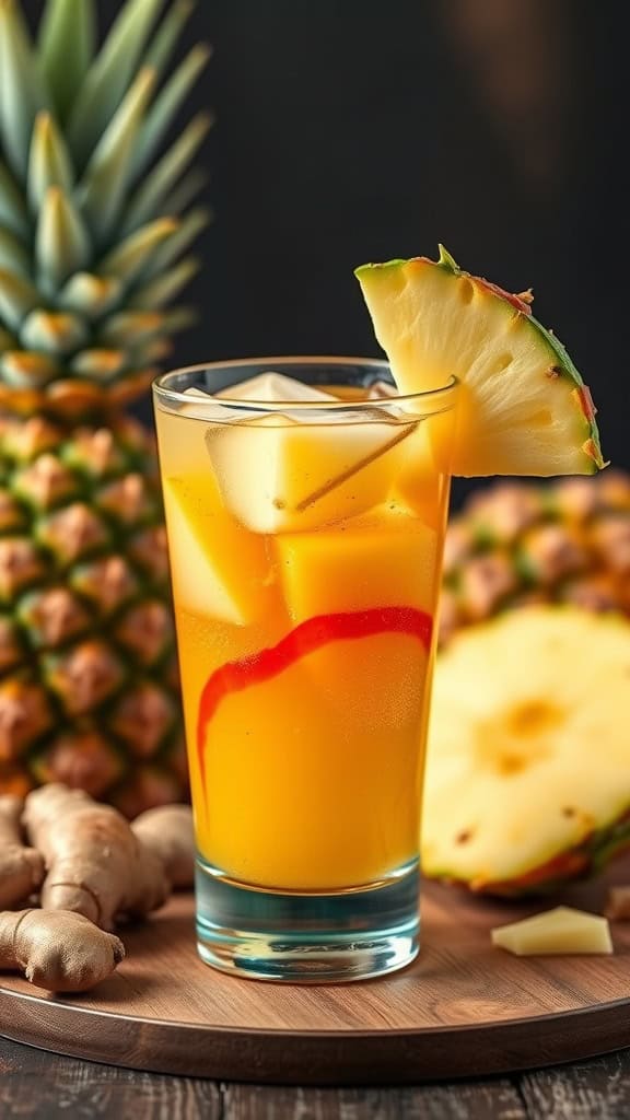 A refreshing Pineapple Ginger Fizz mocktail with pineapple slices and ginger root.