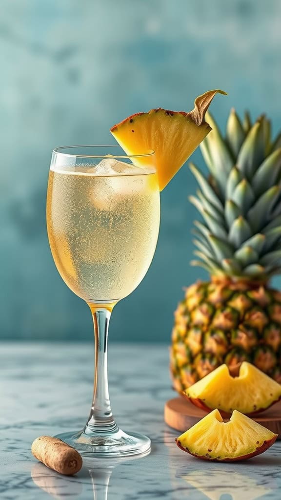 A glass of Pineapple Ginger Sparkler next to a fresh pineapple on a marble surface.