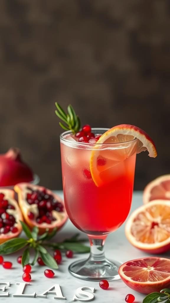 A refreshing mocktail made with pomegranate juice and citrus, garnished with a lemon slice and herbs.