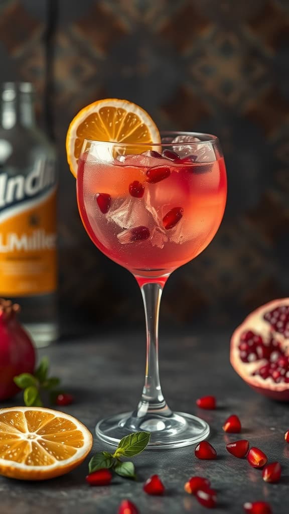 A refreshing mocktail featuring pomegranate and citrus flavors, garnished with fruits.