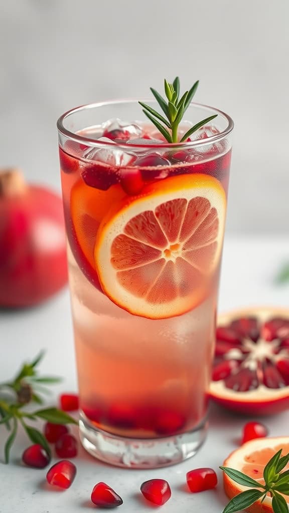 A refreshing Pomegranate Citrus Spritzer with pomegranate seeds and a slice of lemon.