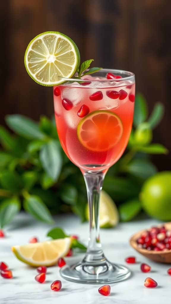 A glass of Pomegranate Lime Cooler with ice, garnished with a lime slice and pomegranate seeds.