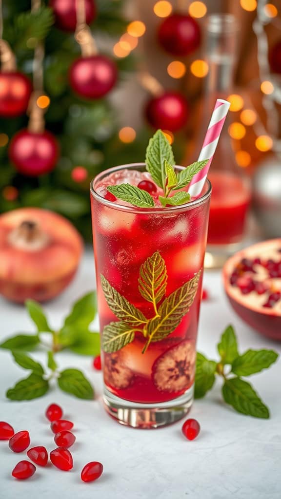 A vibrant Pomegranate Mojito in a glass with a striped straw, garnished with mint leaves.