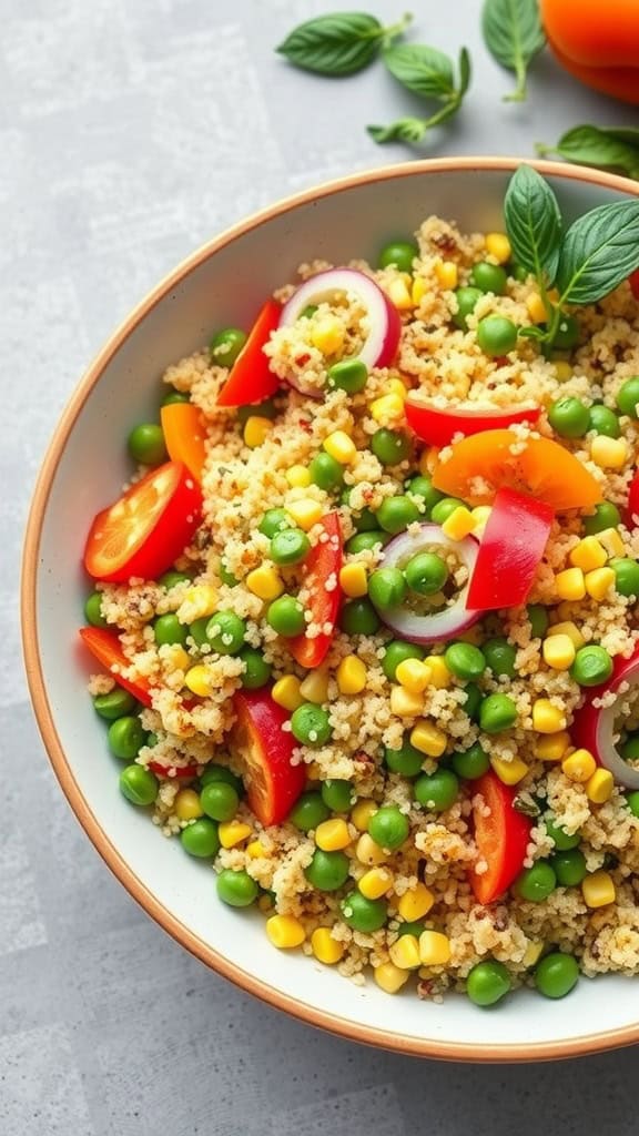 A colorful quinoa salad with spring vegetables including peas, corn, and bell peppers.