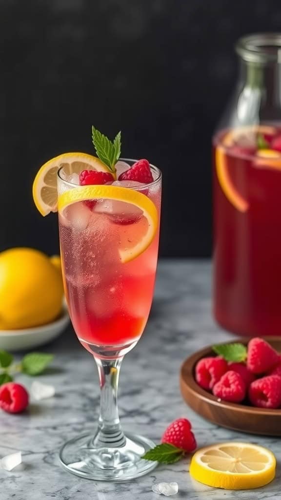 A vibrant Raspberry Lemon Fizz mocktail served in a tall glass with fresh raspberries and lemon slices.